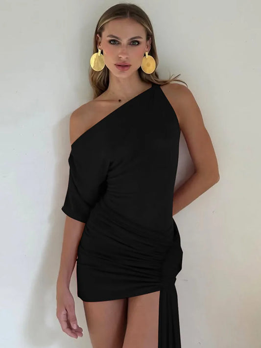 Asymmetric Dresses - Oblique Shoulder Backless Irregular Sexy Mini Dress For Women Fashion Sleeveless Draped Ruched Club Dress Elegant
