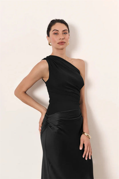 Elegant Dresses - Satin Inclined Shoulder Sexy Maxi Dress Women Fashion Patchwork Sleeveless Backless Bodycon Evening Club Party Dress