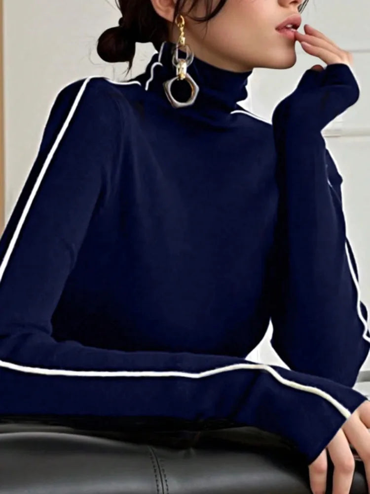 Fall Tops - Beautyblue Casual Women's High Neck T-Shirt Stripes Long Sleeve New Autumn Skinny Stretch Navy Blue Streetwear Fashion Basic Top