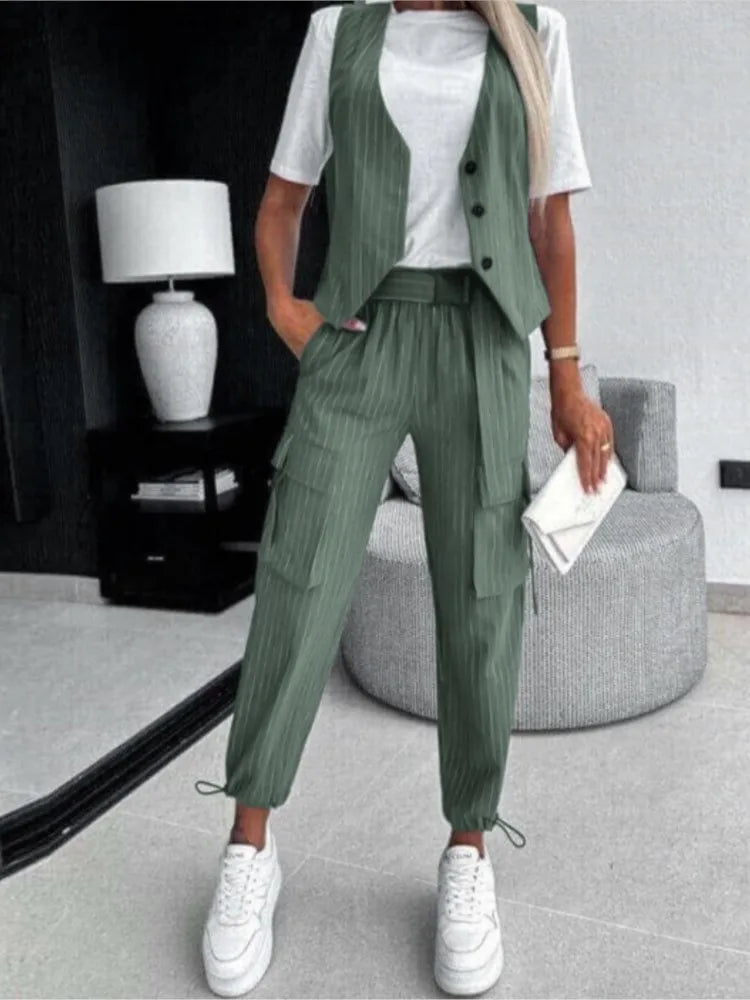 Pants Set - White Striped Vest Suit For Women Summer Casual V-neck Button Top Pocket Loose Pants Outfits Two-piece Suit For Women Elegant