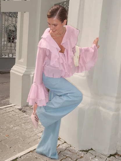 Blouses - Clacive Sexy Loose Pink Women's Shirt 2025 Fashion V-Neck Long Sleeve Shirts Elegant Classic Ruffle Solid Top Female Clothing