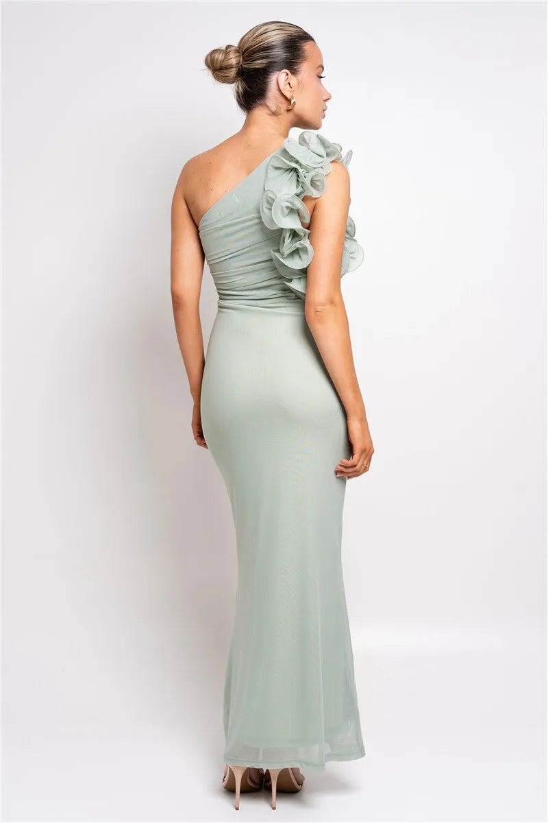 Elegant Dresses - Shoulder Floral Mesh Ruched Sexy Maxi Dress For Women Gown Oblique Shoulder Sleeveless Backless Bodycon Long Dress