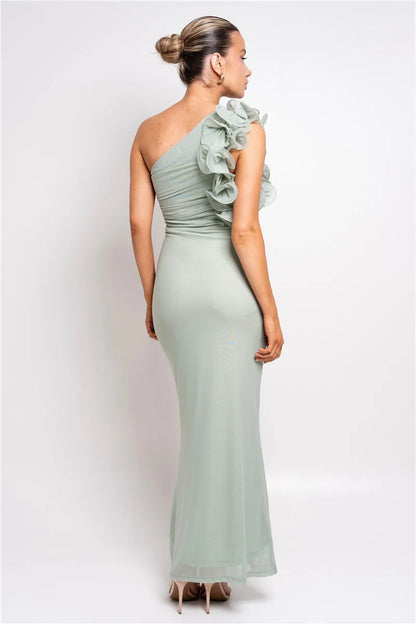 Elegant Dresses - Shoulder Floral Mesh Ruched Sexy Maxi Dress For Women Gown Oblique Shoulder Sleeveless Backless Bodycon Long Dress