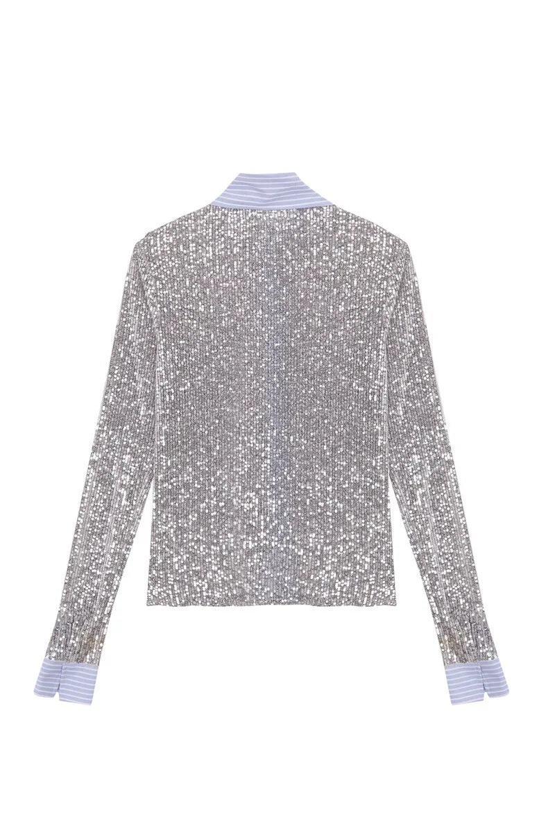 Shorts Sets - Silver Glitter Shorts Sets Women Contrast Color Single-breasted Shirt And Shorts Sparkle Two Piece Set Shorts Sets