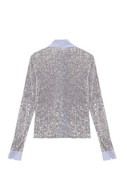 Shorts Sets - Silver Glitter Shorts Sets Women Contrast Color Single-breasted Shirt And Shorts Sparkle Two Piece Set Shorts Sets