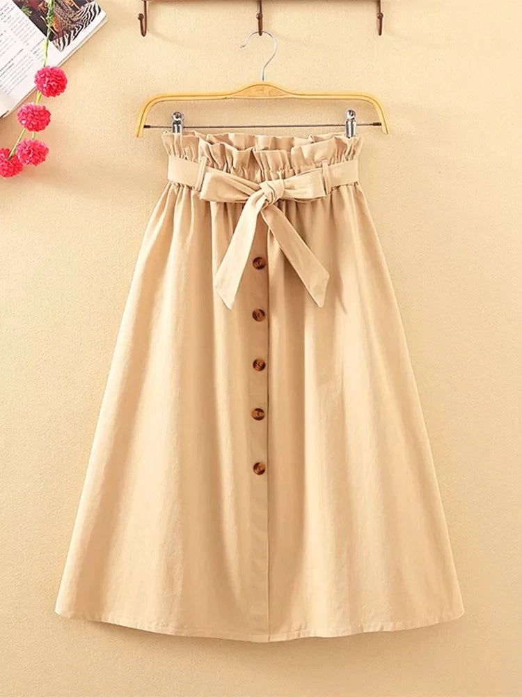 Midi Skirts - Summer Autumn Skirts Womens Midi Knee Length Korean Elegant Button High Waist Skirt Female Pleated School Skirt