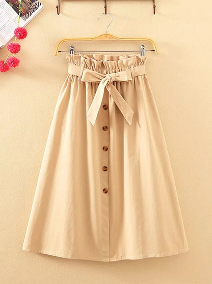 Midi Skirts - Summer Autumn Skirts Womens Midi Knee Length Korean Elegant Button High Waist Skirt Female Pleated School Skirt