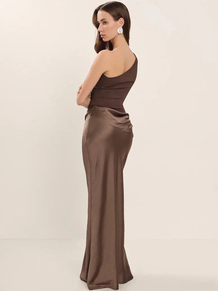 Elegant Dresses - Satin Inclined Shoulder Sexy Maxi Dress Women Fashion Patchwork Sleeveless Backless Bodycon Evening Club Party Dress