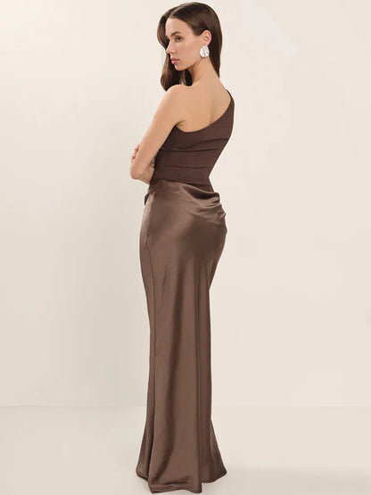 Elegant Dresses - Satin Inclined Shoulder Sexy Maxi Dress Women Fashion Patchwork Sleeveless Backless Bodycon Evening Club Party Dress