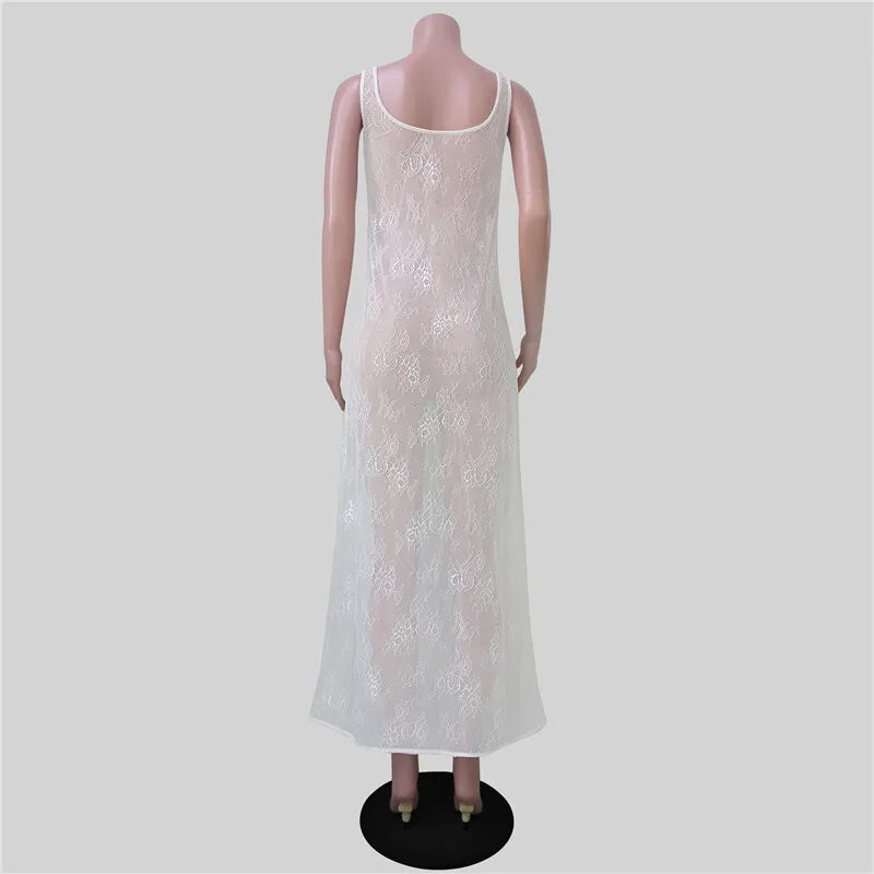 Cover up - Mozision See Through Lace Hollow Out Sexy Maxi Dress For Women Fashion U Neck Sleeveless Backless Transparent Beach Long Dress