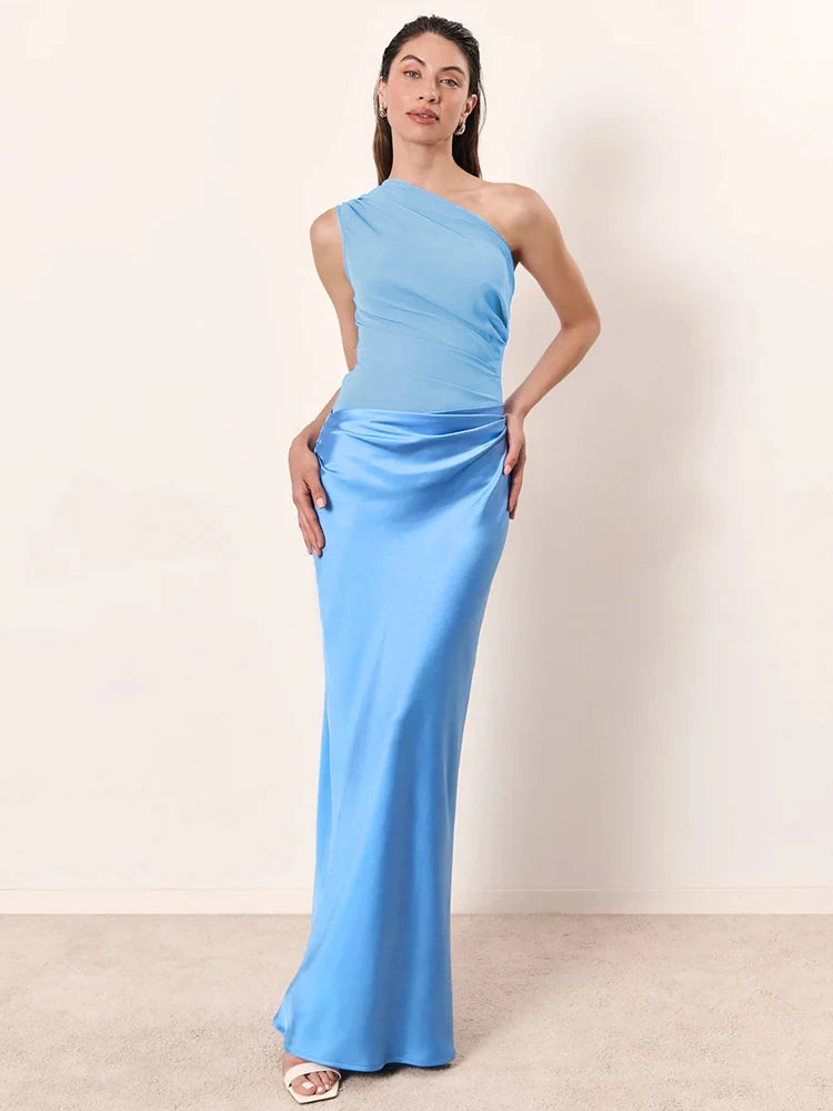 Elegant Dresses - Satin Inclined Shoulder Sexy Maxi Dress Women Fashion Patchwork Sleeveless Backless Bodycon Evening Club Party Dress