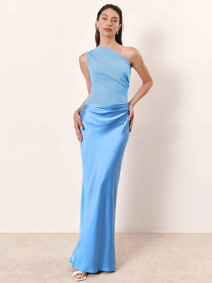 Elegant Dresses - Satin Inclined Shoulder Sexy Maxi Dress Women Fashion Patchwork Sleeveless Backless Bodycon Evening Club Party Dress