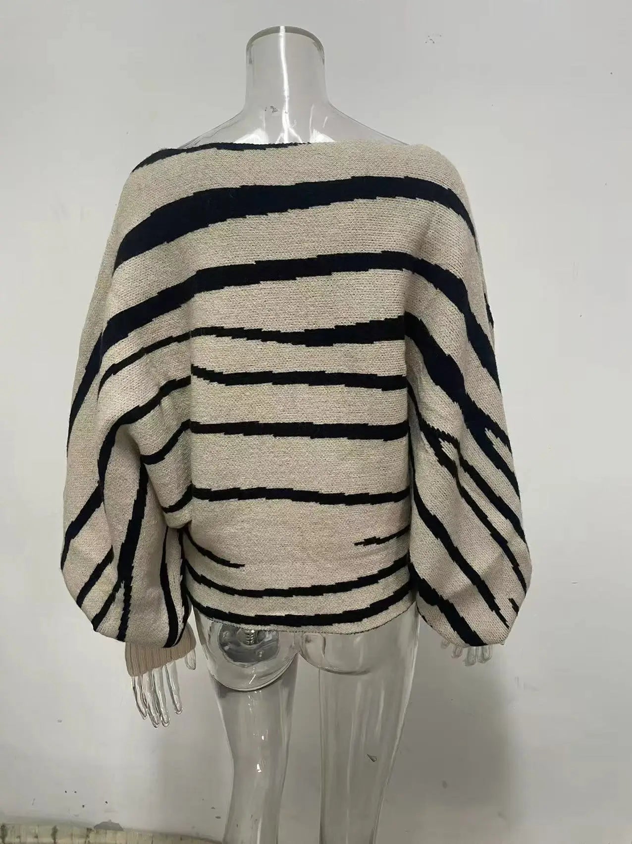 Knit Sweaters - Fall Winter 2025 Women Sweater Loose Style Slash Collar Batwing Sleeve Zebra Color Block Pullover Jumper Knitwear Jacket 59904