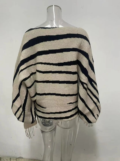 Knit Sweaters - Fall Winter 2025 Women Sweater Loose Style Slash Collar Batwing Sleeve Zebra Color Block Pullover Jumper Knitwear Jacket 59904