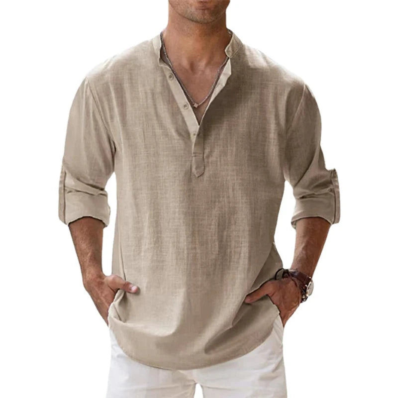 Men Shirts - New Cotton Linen Shirts for Men Casual Shirts Lightweight Long Sleeve Henley Beach Shirts Hawaiian T Shirts for Men