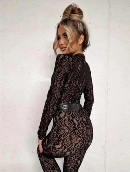Jumpsuits - Mozision Lace Print Long Sleeve Jumpsuits Women Overalls Fashion Autumn Winter New Two Layer O Neck Slim Fit Sexy Jumpsuits
