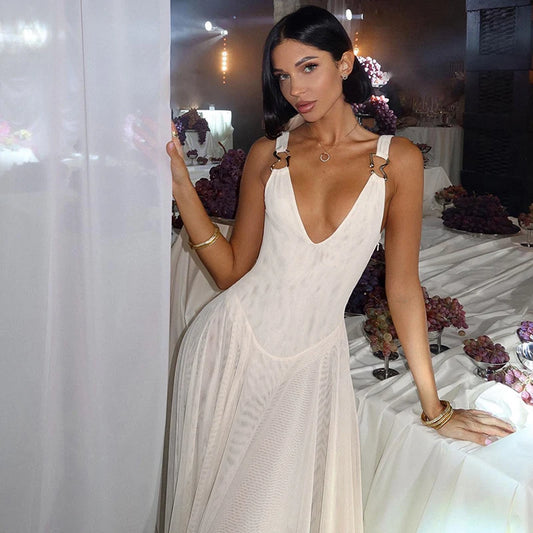 See-through Dresses - White Mesh Pleated Evening Club Party Dress Women Robes Backless Elegant Sexy Dress Bodycon Long Summer Dress Vestidos