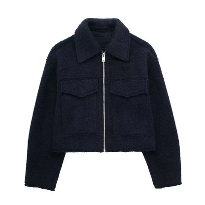 - 2024 Autumn Women's Cropped Jacket OuterwearLong Sleeve With Pocket Zipper Faux Fur Coat Fashion Women's Clothing