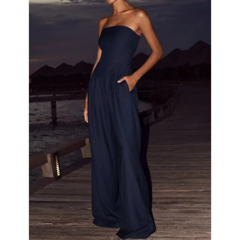 Pantsuits - Summer Women's Jumpsuit Fashion Strapless Solid Color Sleeveless Loose Wide Legs Pants Casua Romper High Streetwear Female Cloth