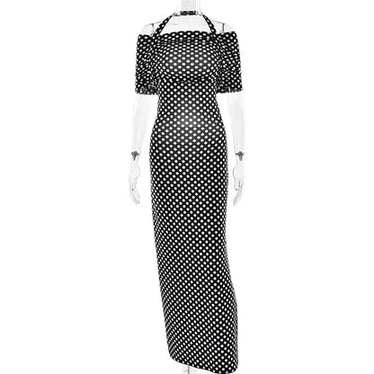 Halter Dresses - Off-shoulder Polka Dot Maxi Dress For Women Gown Fashion Halter Sleeveless Backless bodycon Split Long Dress Elegant