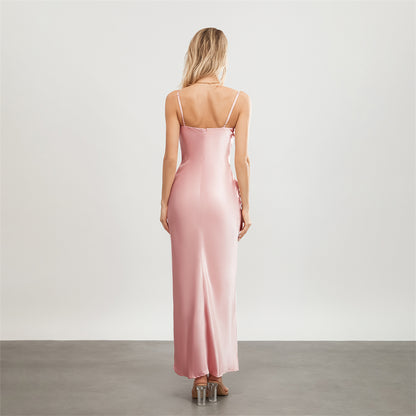 Satin Dresses - Backless Spaghetti Straps Party Long Dresses 2024 New Evening Gown Satin Vestidos Women's Cowl Neck Slip Wrap Dress