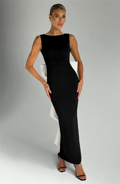 Elegant Dresses - Elegant Pearl Bow Backless Sexy Maxi Dress Women Gown Fashion Sleeveless High Waist A-line Club Party Long Dress