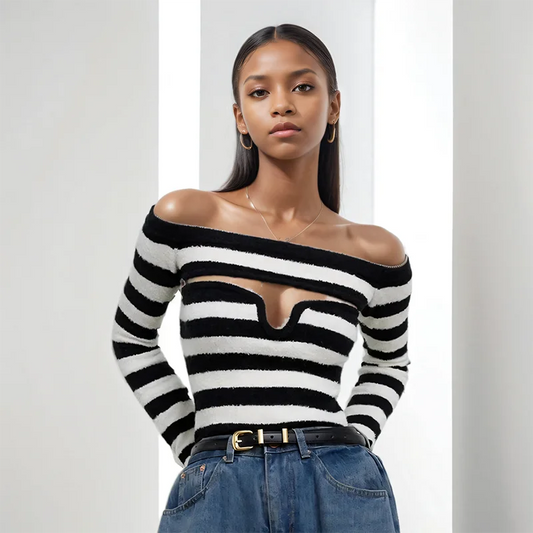 Off Shoulder Tops - Women's Fashion Striped Contrast Color Two-pieces Set Stretch Strapless Long Sleeve Knit Tops 2025 Spring New 33A2346