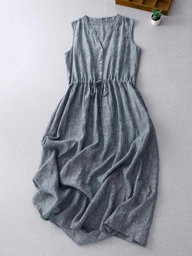Casual Dresses - Cotton Sleeveless Dresses for Women 2025 New Summer Elegant Drawstring Tank Dress Casual Loose Vintage Stripe Female Midi Dress