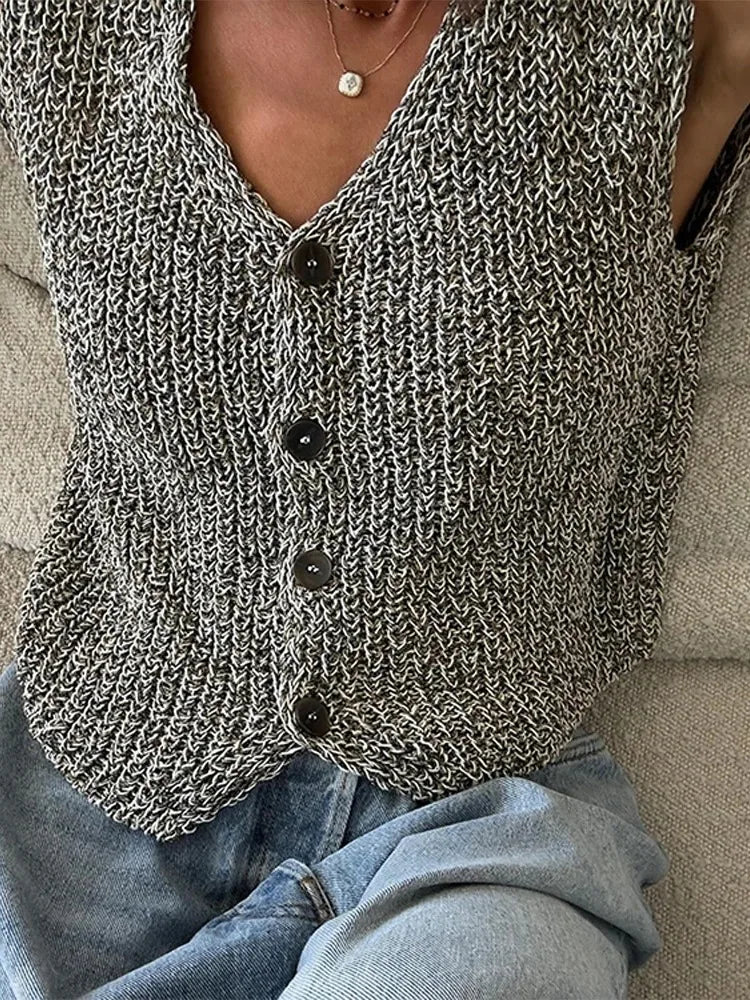 Knit Tops - Female Casual Slim Fit Sleeveless Single Breasted V Neck Crop Top Elegant Knit Vest for Women 2024 Fashion Lady Outwear