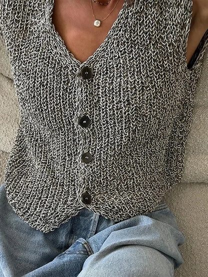 Knit Tops - Female Casual Slim Fit Sleeveless Single Breasted V Neck Crop Top Elegant Knit Vest for Women 2024 Fashion Lady Outwear