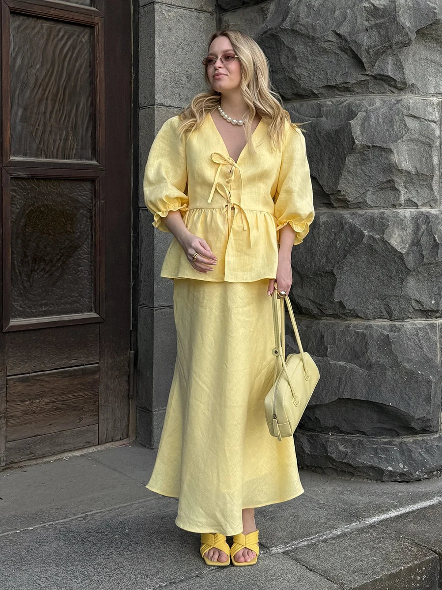Matching Sets - Bornladies 2025 Summer Women's 100% Cotton V-Neck Lace-Up Bubble Sleeve Shirt Long Skirt Set Loose Casual Two-Piece Suit