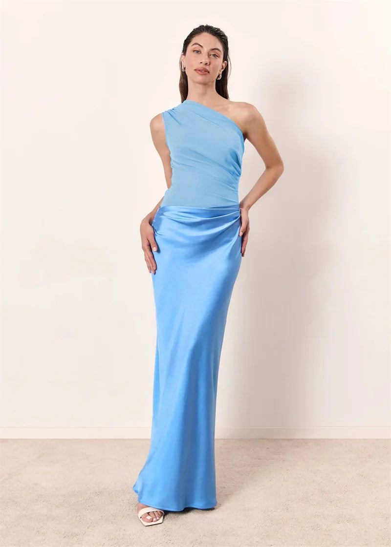 Elegant Dresses - Satin Inclined Shoulder Sexy Maxi Dress Women Fashion Patchwork Sleeveless Backless Bodycon Evening Club Party Dress