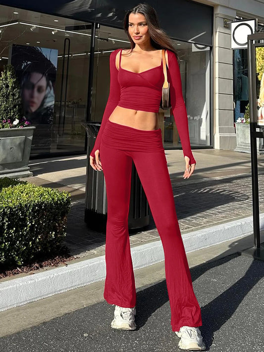 Matching Sets - Sexy Casual 2 Piece Pants Set Sleeveless Camisole With Long Sleeve Waistcoat Flare Pants Matching Set Club Streetwear