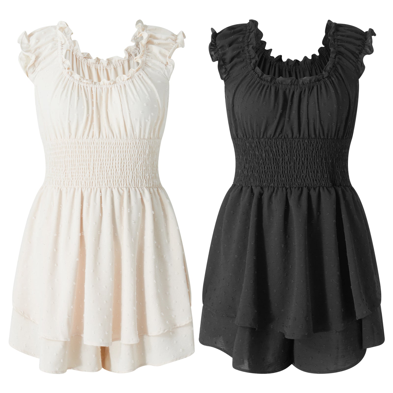 Playsuits - Boho Summer Off-Shoulder Ruffle Hem Playsuit Women Beach Streetwear Solid Color Short Sleeve High Waist Short Rompers