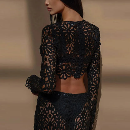Matching Sets - Elegant See Through Crochet Top Women Set Hallow Out Flare Long Sleeve Top Slim Empire Hip Package Skirts 2025 Summer Lady Set
