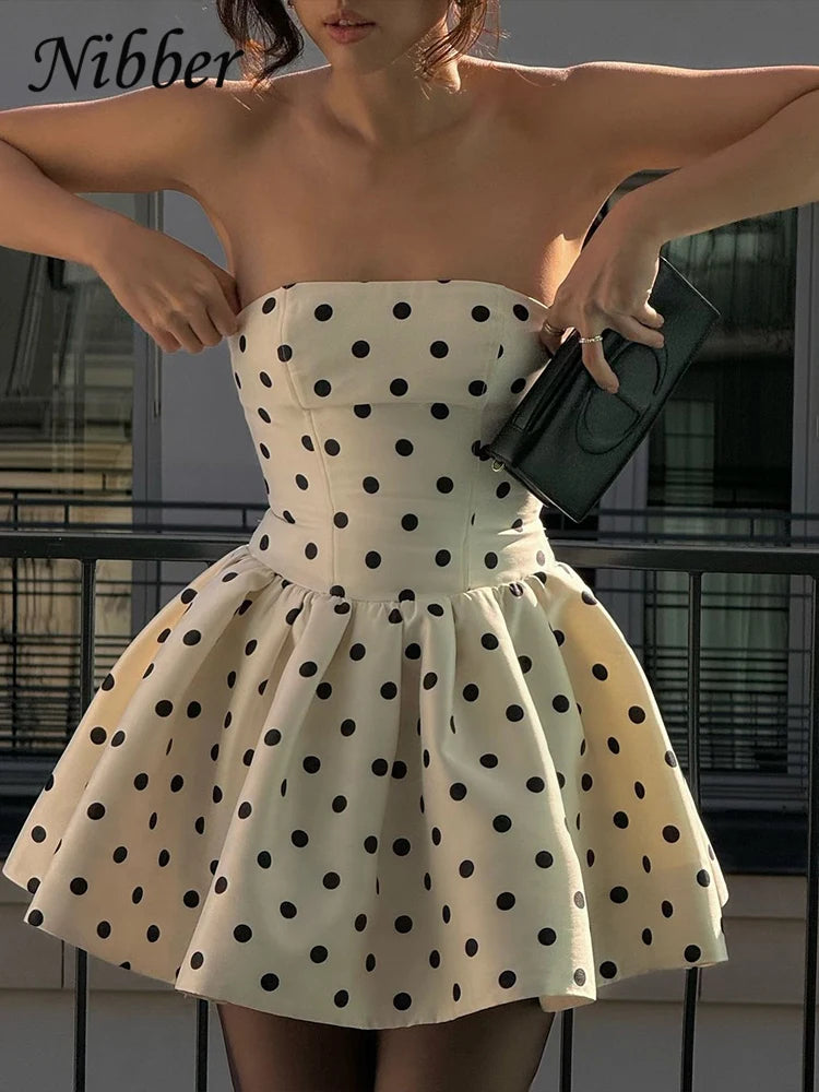 Fit and Flare Dresses - Dots Print Dress Women Chest Wrap Backless Bow Applique Ruffles Loose Hem 2025 Y2k Trend Streetwear Chic Mini Bodycon