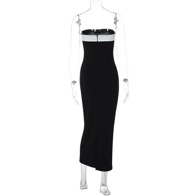 Tube Dresses - Off-shoulder Strapless Backless Sexy Maxi Dress For Women Patchwork Sleeveless High Waist Bodycon Split Long Dress