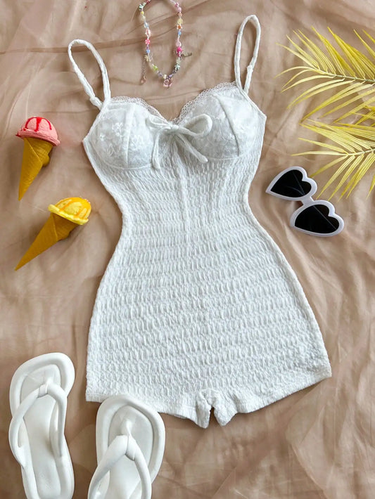 Rompers - Pure Wind Skinny-looking Onesie Strap Package Hip Vacation Premium Sense Backless Net Infrared Wear With Lace Edge