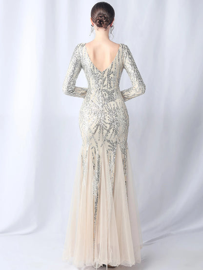 Sequin Dresses - Sexy backless maxi sequin summer dress women 2024 elegant luxury mesh wedding party dress long sleeve evening dresses vestidos