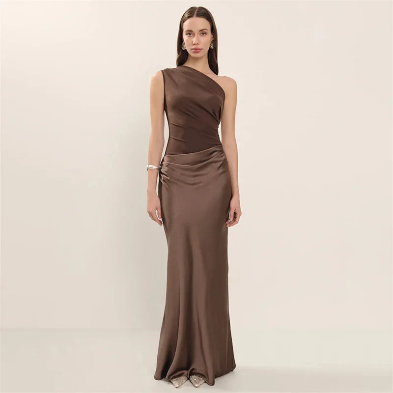 Elegant Dresses - Satin Inclined Shoulder Sexy Maxi Dress Women Fashion Patchwork Sleeveless Backless Bodycon Evening Club Party Dress