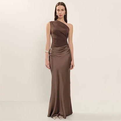 Elegant Dresses - Satin Inclined Shoulder Sexy Maxi Dress Women Fashion Patchwork Sleeveless Backless Bodycon Evening Club Party Dress