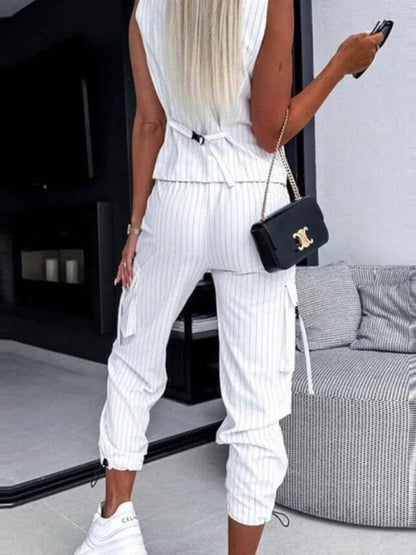 Pants Set - White Striped Vest Suit For Women Summer Casual V-neck Button Top Pocket Loose Pants Outfits Two-piece Suit For Women Elegant