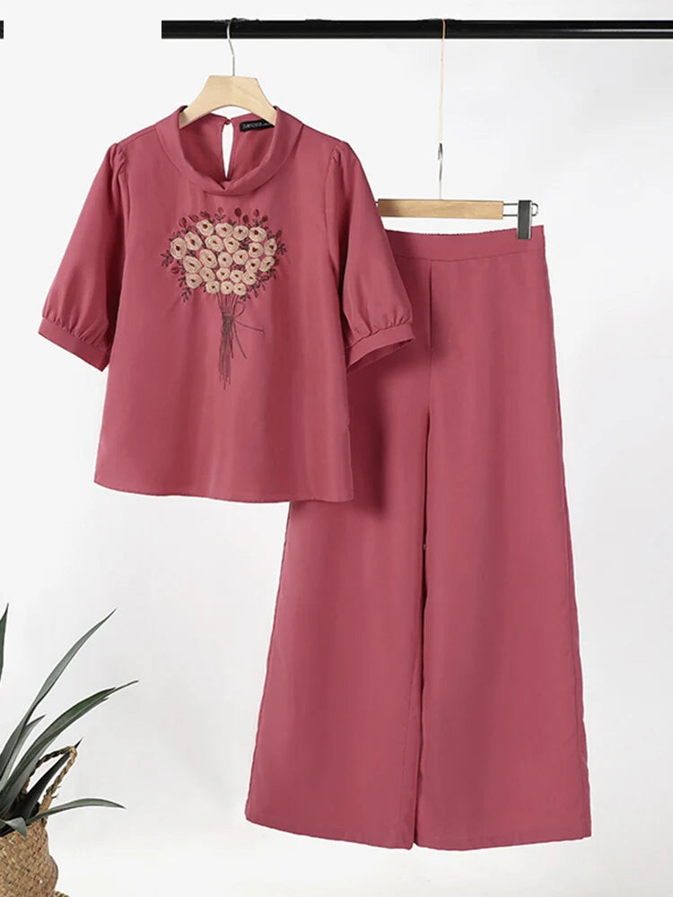 Matching Sets - Fashion Short Sleeve Floral Embroidery Blouse Wide Leg Pants Sets 2PCS Women Summer Tracksuit Casual Loose Trousers Suits