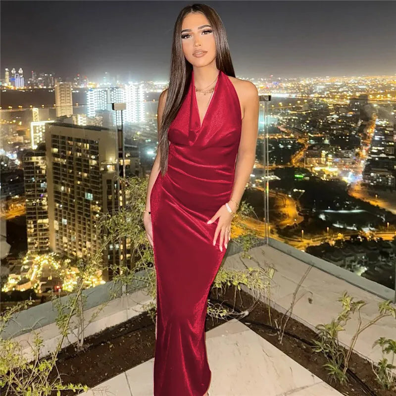 Elegant Dresses - Halter Backless Sexy Maxi Dress For Women Gown Fashion Lace-up Deep V Neck Sleeveless Bodycon Split Long Dress Elegant