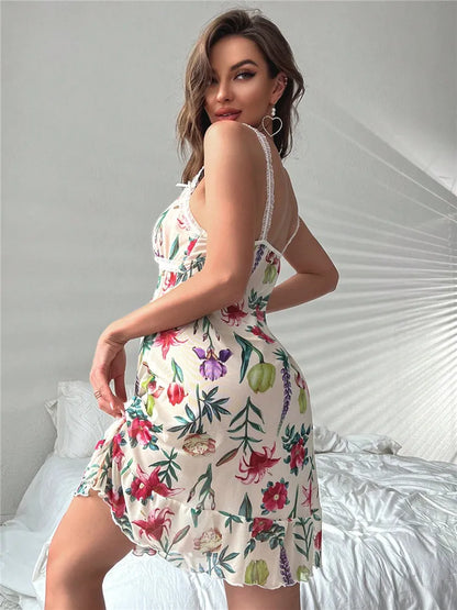 Loungewear - Floral Print Sleepwear Mesh Ruffle Hem Cami Nightdress Bride Nightwear Babydoll Vintage Sleep Dress