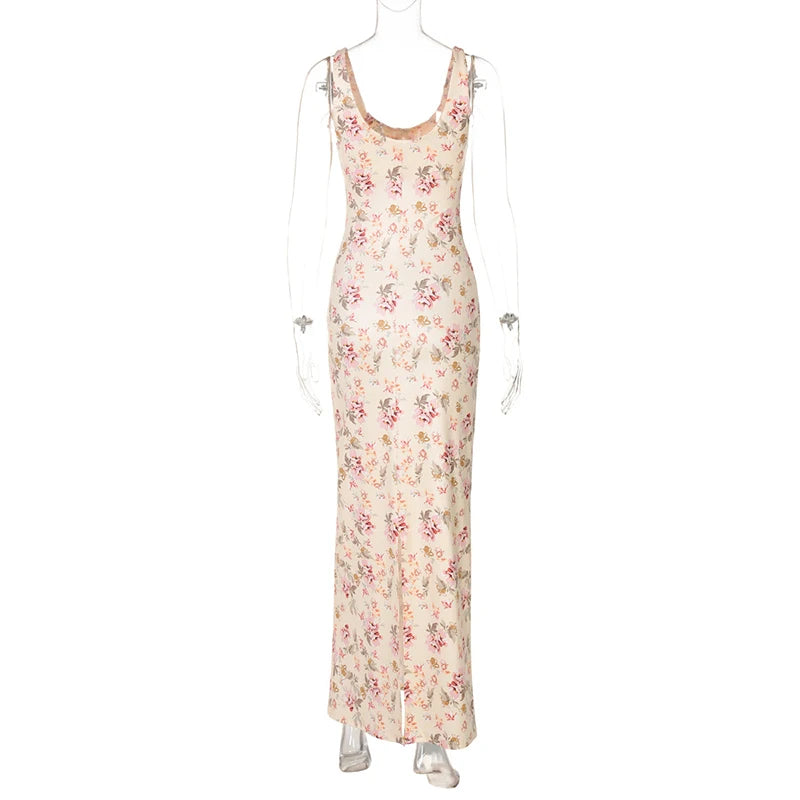 Elegant Dresses - Backless Print Sexy Maxi Dress For Women Fashion Sleeveless High Waist Bodycon Club Party Sexy Slit Dress Elegant