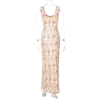 Elegant Dresses - Backless Print Sexy Maxi Dress For Women Fashion Sleeveless High Waist Bodycon Club Party Sexy Slit Dress Elegant