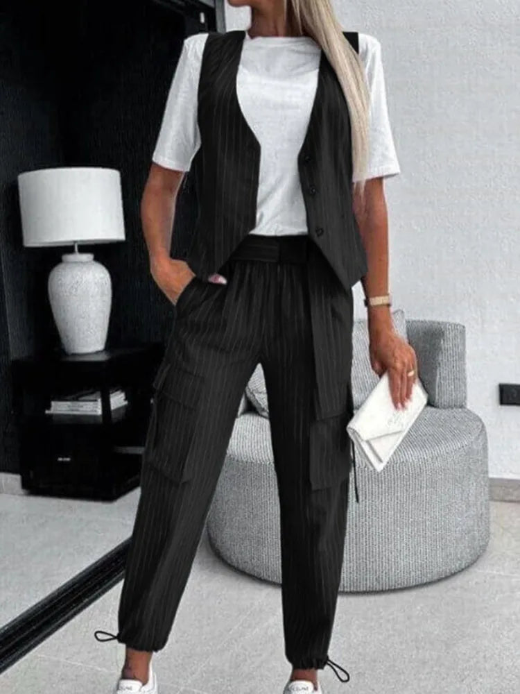 Pants Set - White Striped Vest Suit For Women Summer Casual V-neck Button Top Pocket Loose Pants Outfits Two-piece Suit For Women Elegant