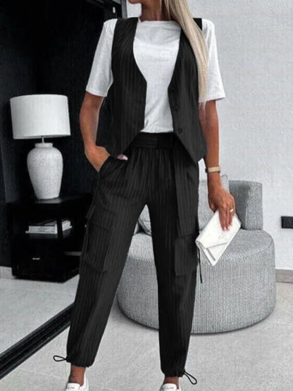 Pants Set - White Striped Vest Suit For Women Summer Casual V-neck Button Top Pocket Loose Pants Outfits Two-piece Suit For Women Elegant