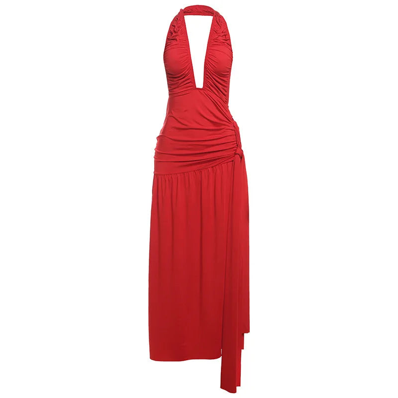 Plunging Dresses - Halter Deep V Neck Sexy Maxi Dress For Women Gown Fashion Solid Sleeveless Backless Draped Ruched Bodycon Long Dress